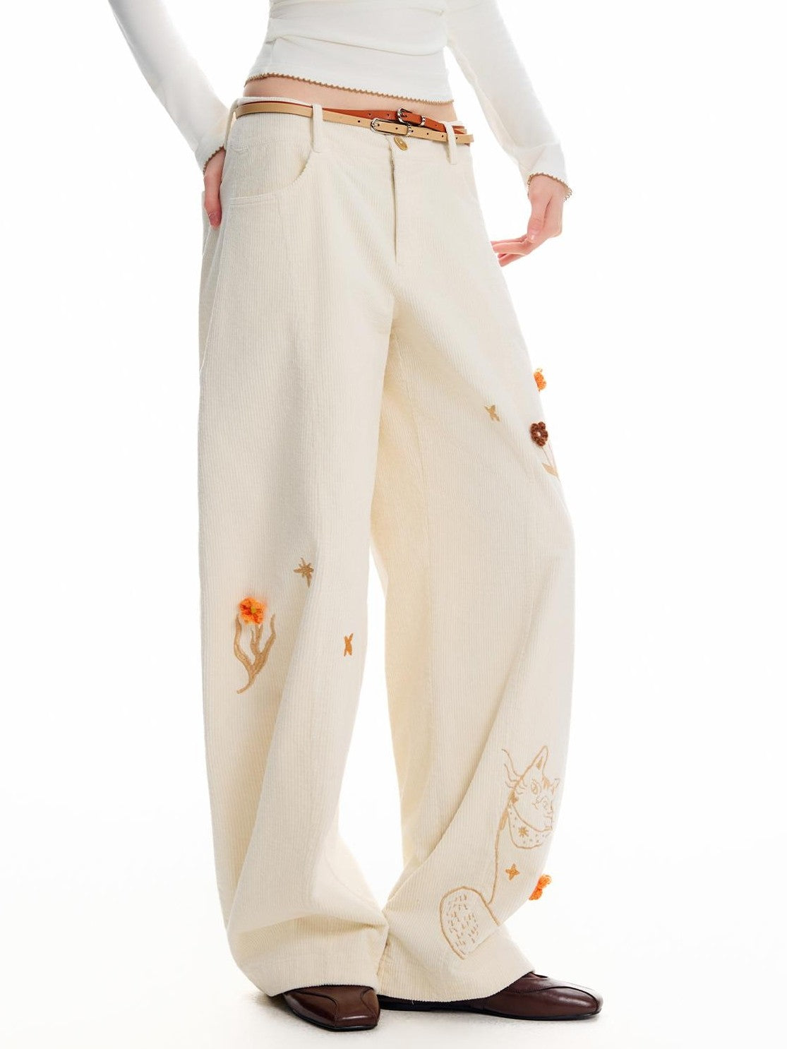 OuttheBlue 3d Crochet Floral Embroidered Corduroy Wide Leg Women&