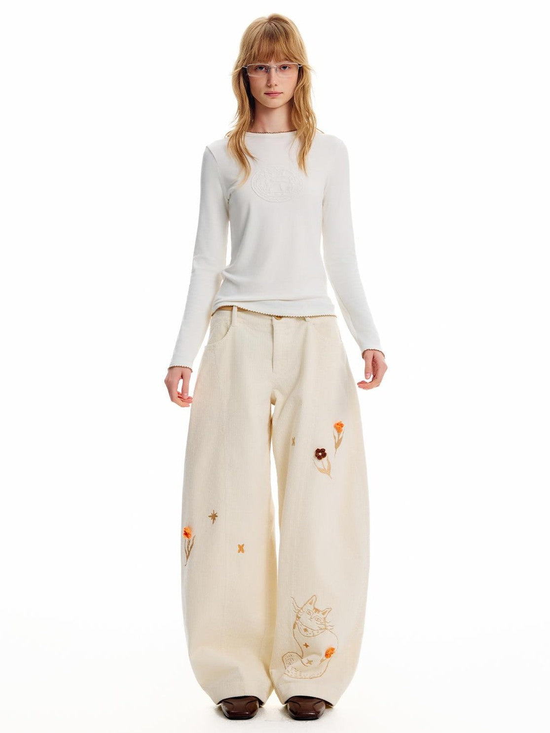 OuttheBlue 3d Crochet Floral Embroidered Corduroy Wide Leg Women&