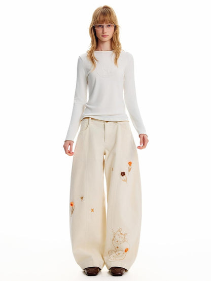 OuttheBlue 3d Crochet Floral Embroidered Corduroy Wide Leg Women&