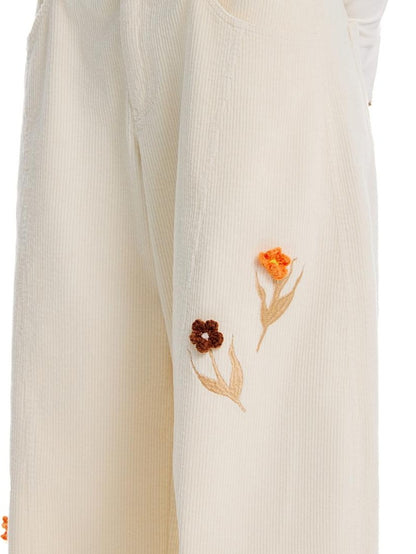 OuttheBlue 3d Crochet Floral Embroidered Corduroy Wide Leg Women&