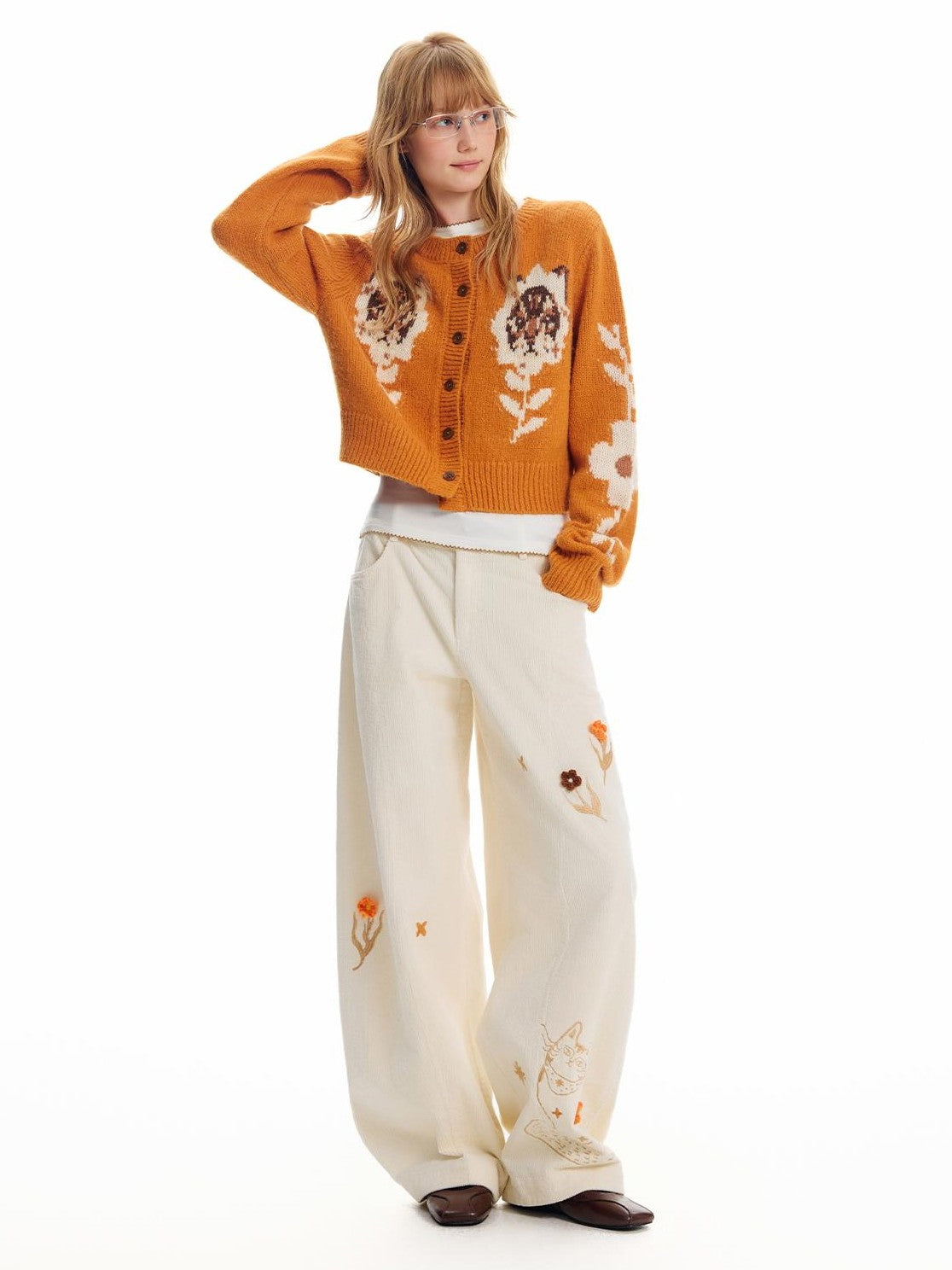 OuttheBlue 3d Crochet Floral Embroidered Corduroy Wide Leg Women&