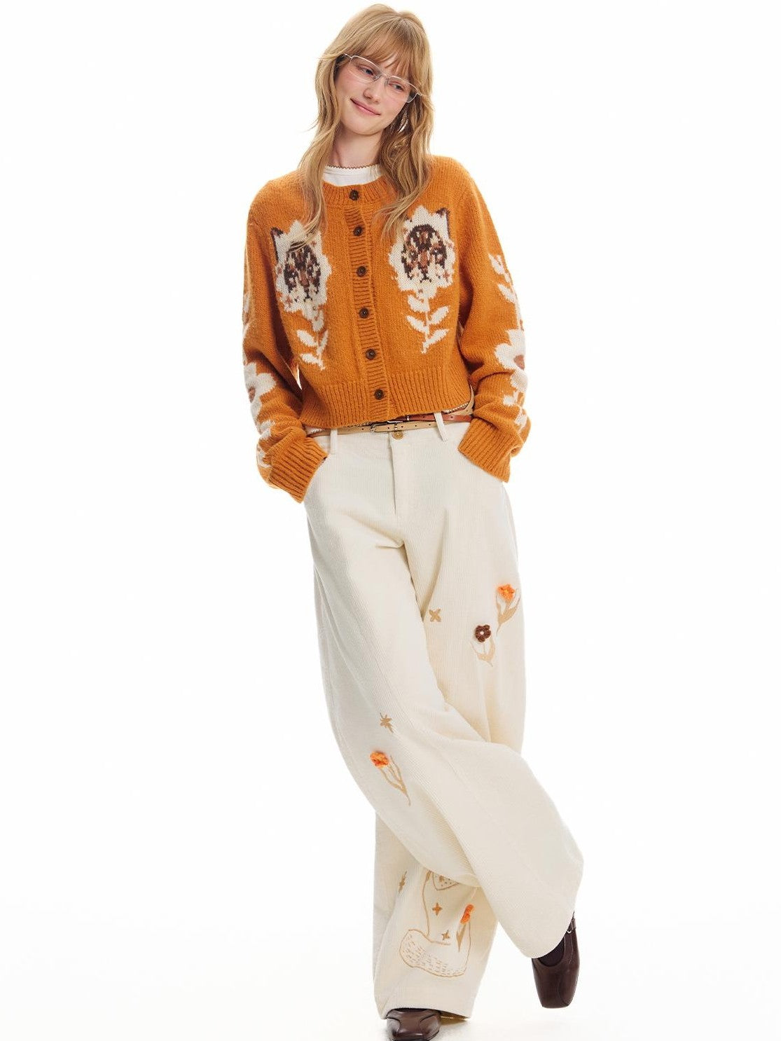 OuttheBlue 3d Crochet Floral Embroidered Corduroy Wide Leg Women&