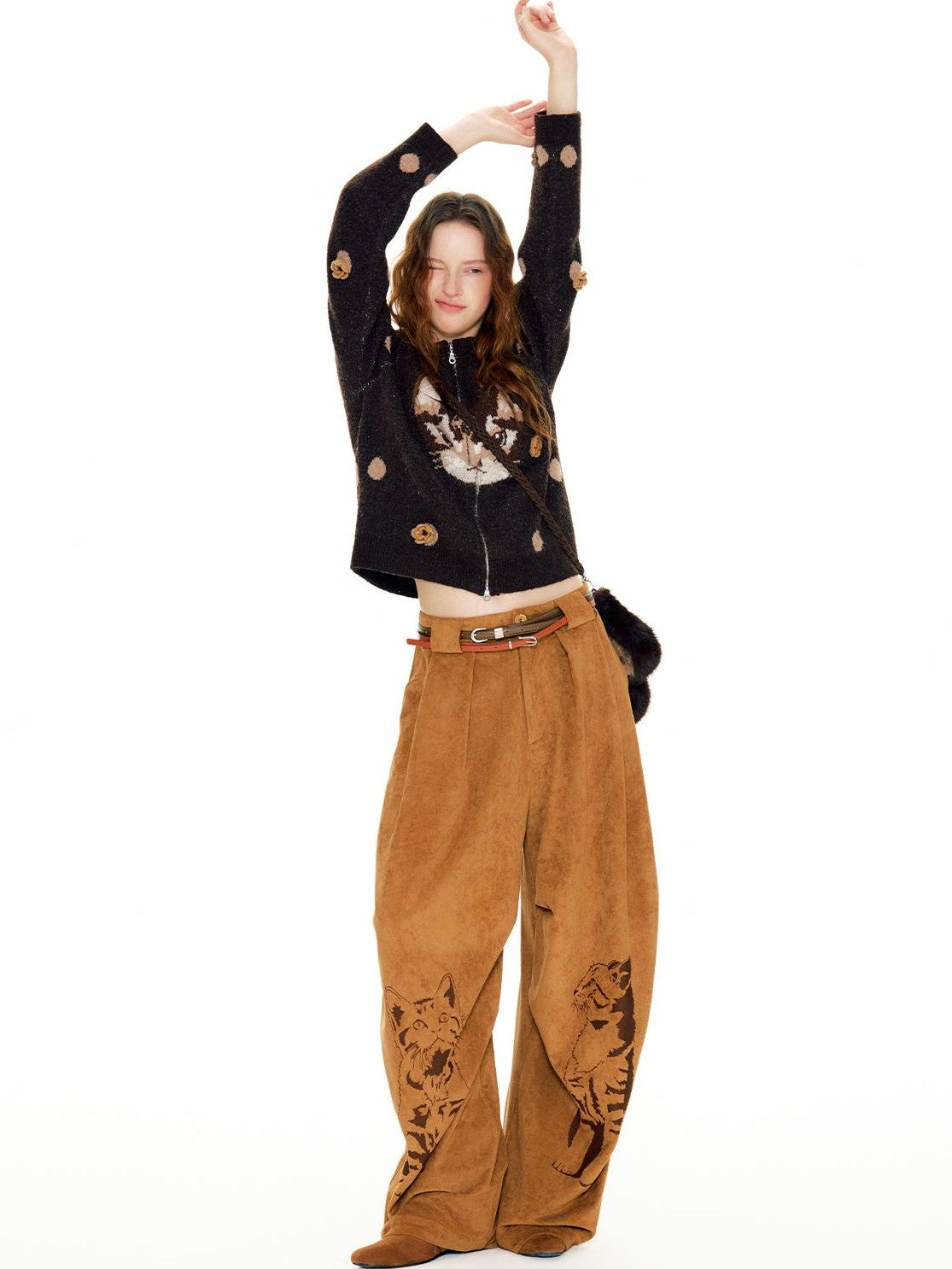 OuttheBlue 3d Crochet Floral Leopard Cat Polka Dot Double Zip Women&