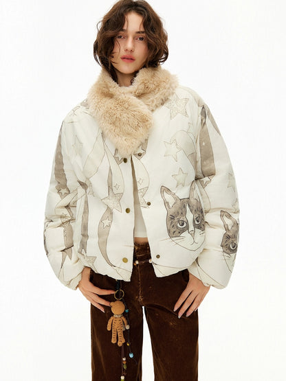 OuttheBlue 90% White Duck Down Warm Commuter Straight Short Women Beige Printed Down Jacket