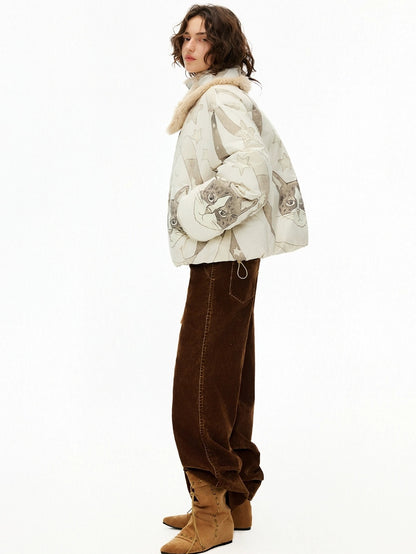 OuttheBlue 90% White Duck Down Warm Commuter Straight Short Women Beige Printed Down Jacket