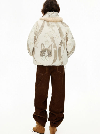 OuttheBlue 90% White Duck Down Warm Commuter Straight Short Women Beige Printed Down Jacket