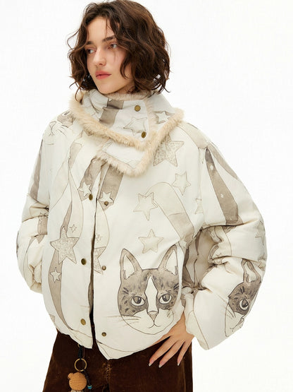 OuttheBlue 90% White Duck Down Warm Commuter Straight Short Women Beige Printed Down Jacket
