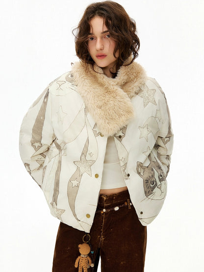 OuttheBlue 90% White Duck Down Warm Commuter Straight Short Women Beige Printed Down Jacket