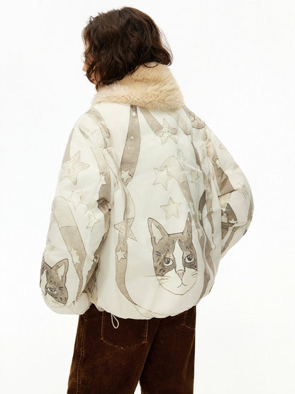 OuttheBlue 90% White Duck Down Warm Commuter Straight Short Women Beige Printed Down Jacket