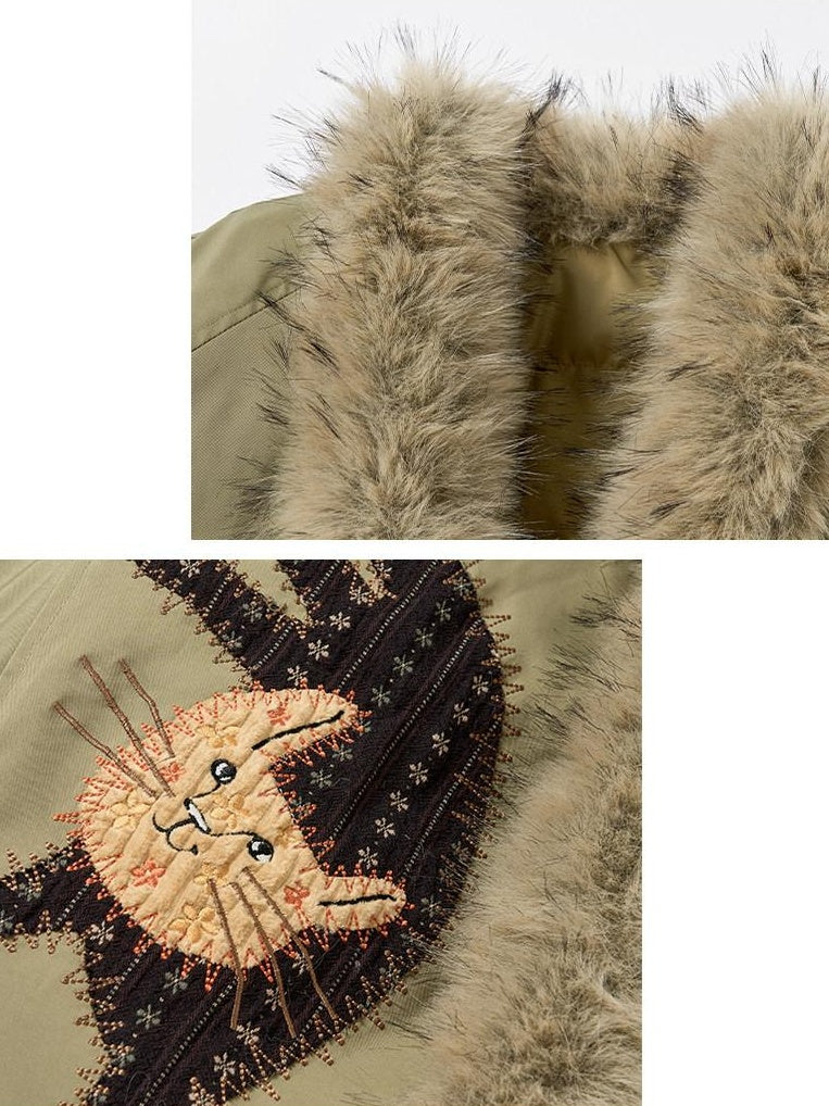 OuttheBlue 90% White Duck Down Warm Short High Waist Floral Embroidery Women Down Jackets