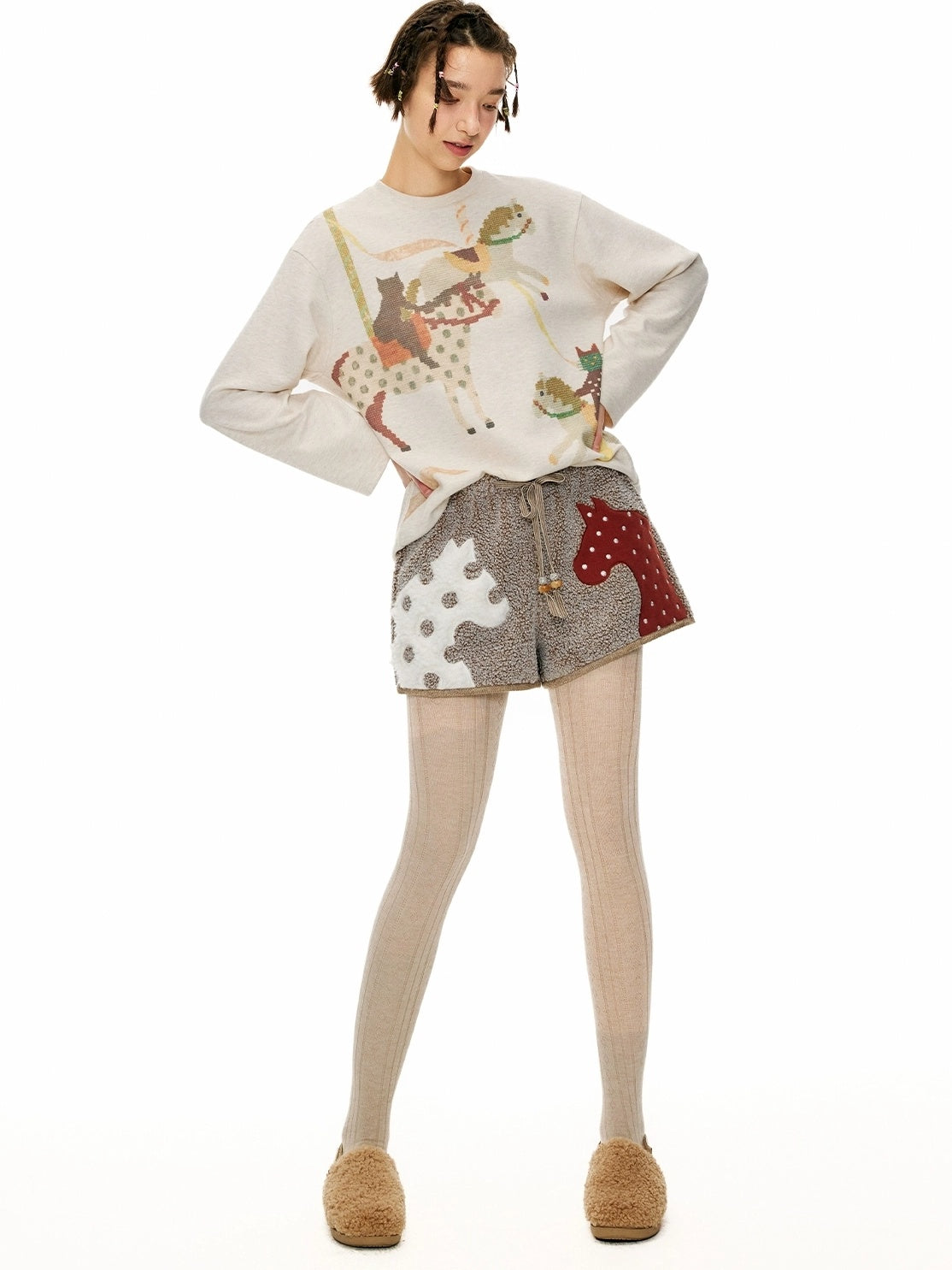 OuttheBlue Animal Print Applique Casual Drawstring Mid Rise Relaxed Women Mocha Pants