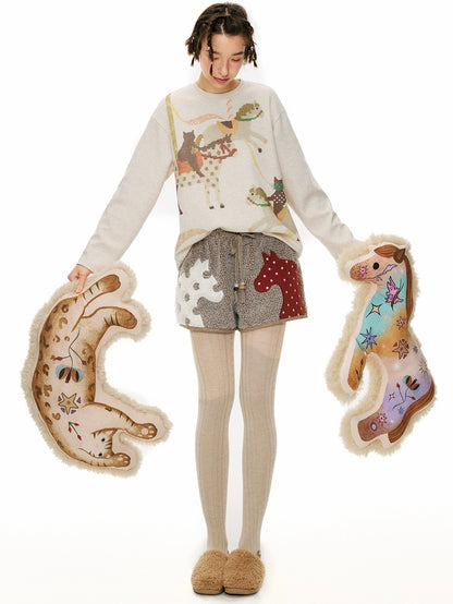 OuttheBlue Animal Print Applique Casual Drawstring Mid Rise Relaxed Women Mocha Pants