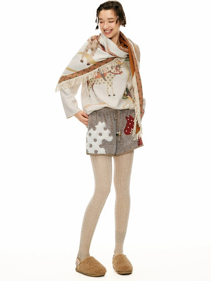 OuttheBlue Animal Print Applique Casual Drawstring Mid Rise Relaxed Women Mocha Pants