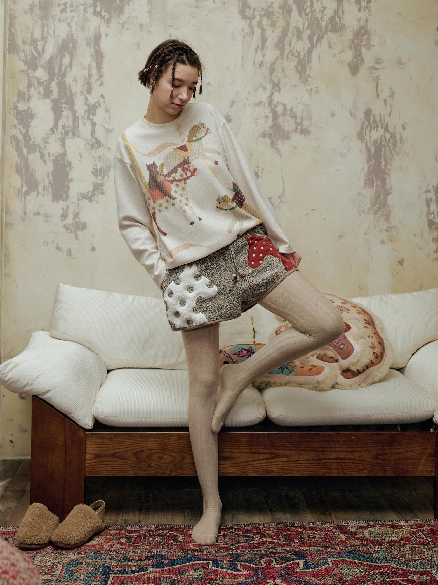 OuttheBlue Animal Print Applique Casual Drawstring Mid Rise Relaxed Women Mocha Pants