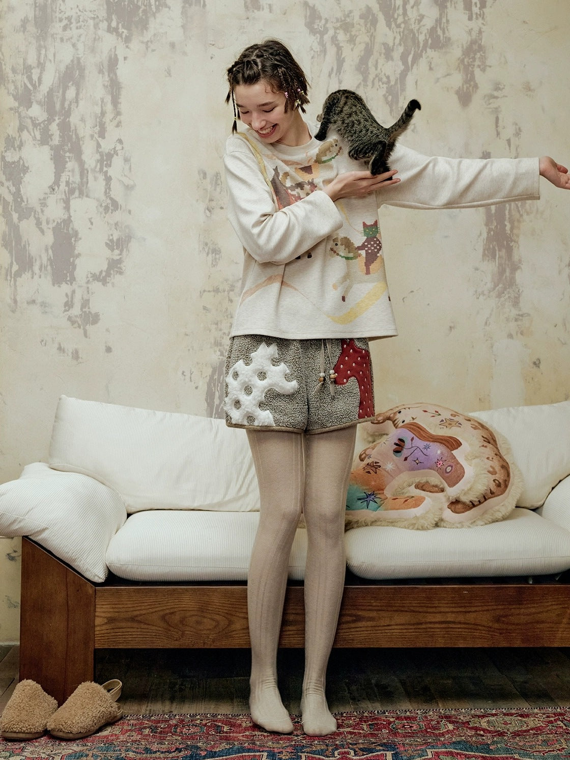 OuttheBlue Animal Print Applique Casual Drawstring Mid Rise Relaxed Women Mocha Pants