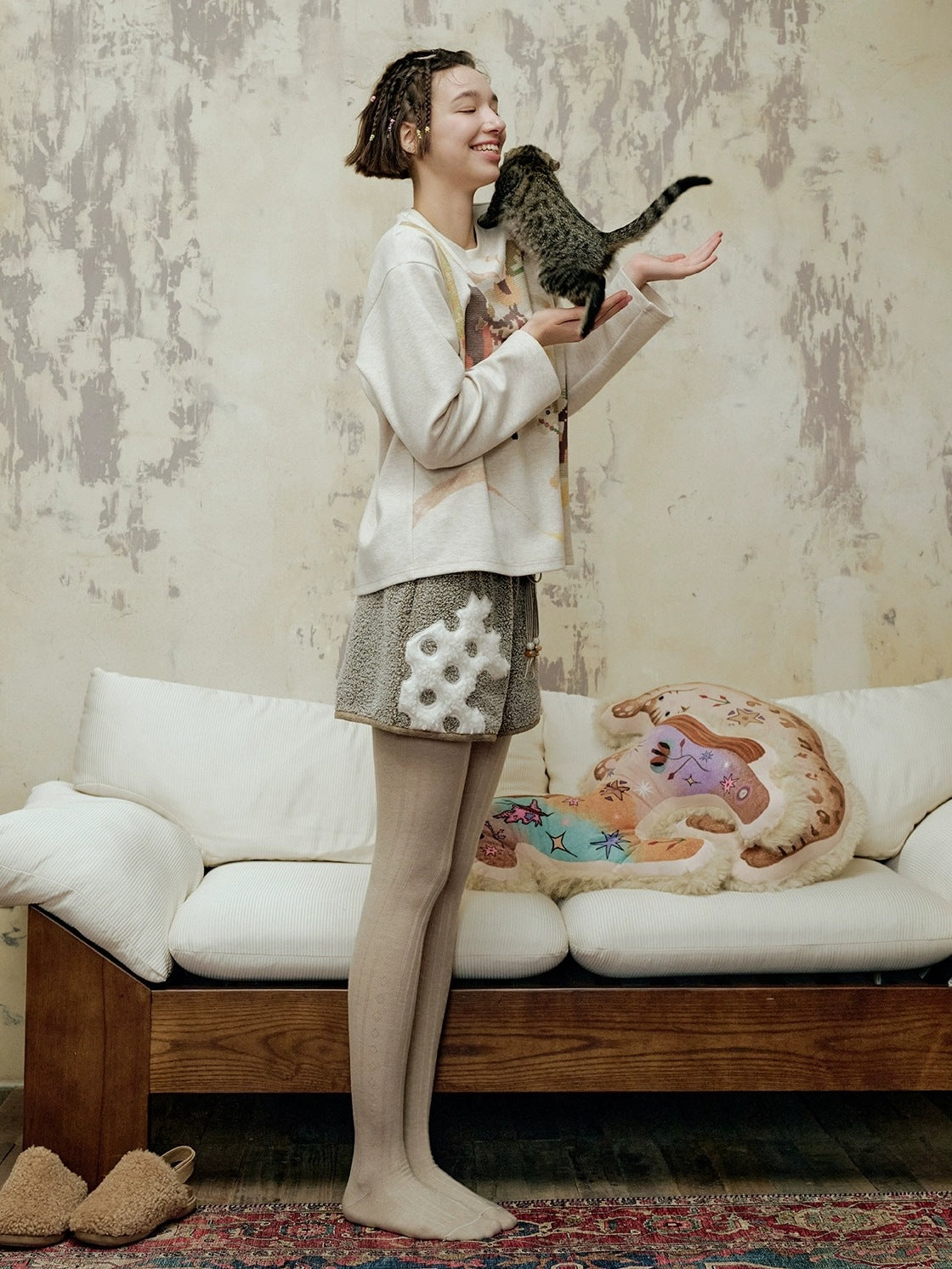 OuttheBlue Animal Print Applique Casual Drawstring Mid Rise Relaxed Women Mocha Pants