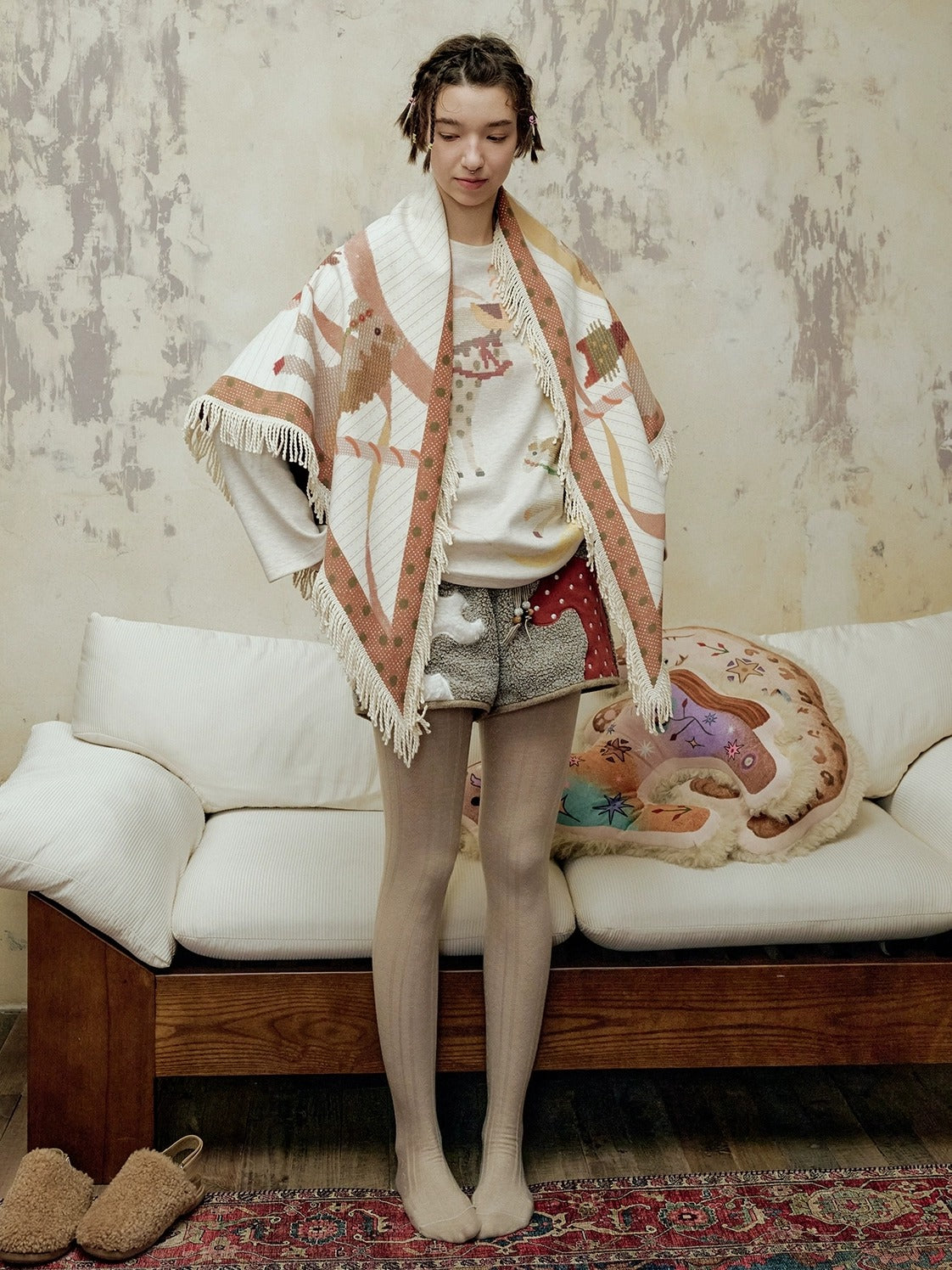 OuttheBlue Animal Print Applique Casual Drawstring Mid Rise Relaxed Women Mocha Pants