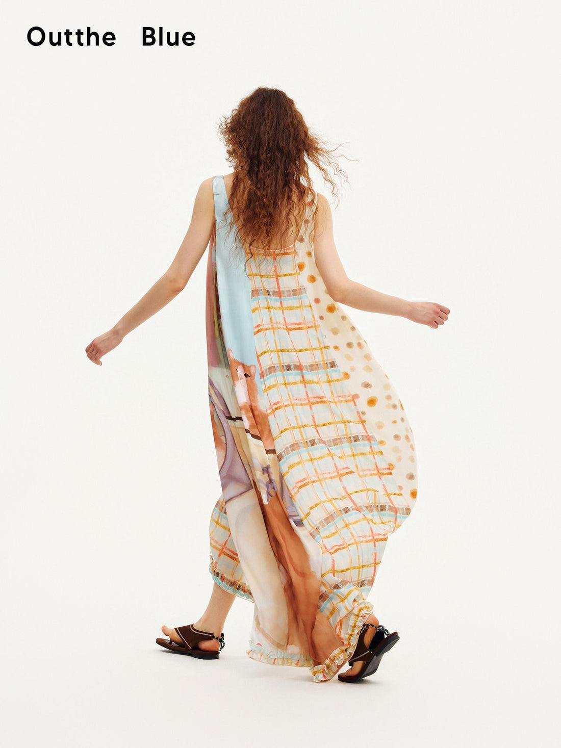 OuttheBlue Apricot Ruffle Splice U Neck A Line Women&