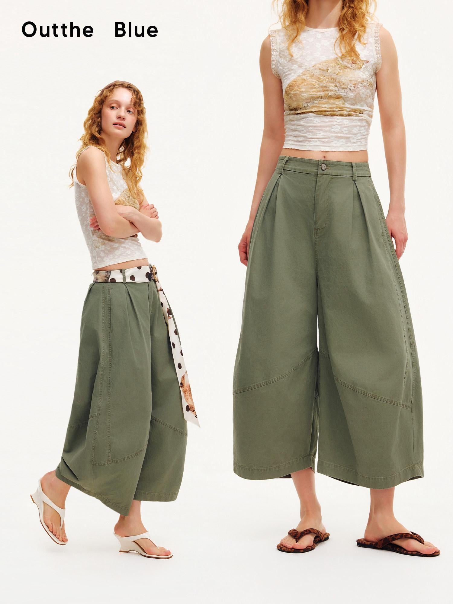 OuttheBlue Army Green Pleated Washed Cargo Octagonal Wide Women&