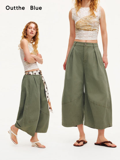 OuttheBlue Army Green Pleated Washed Cargo Octagonal Wide Women&
