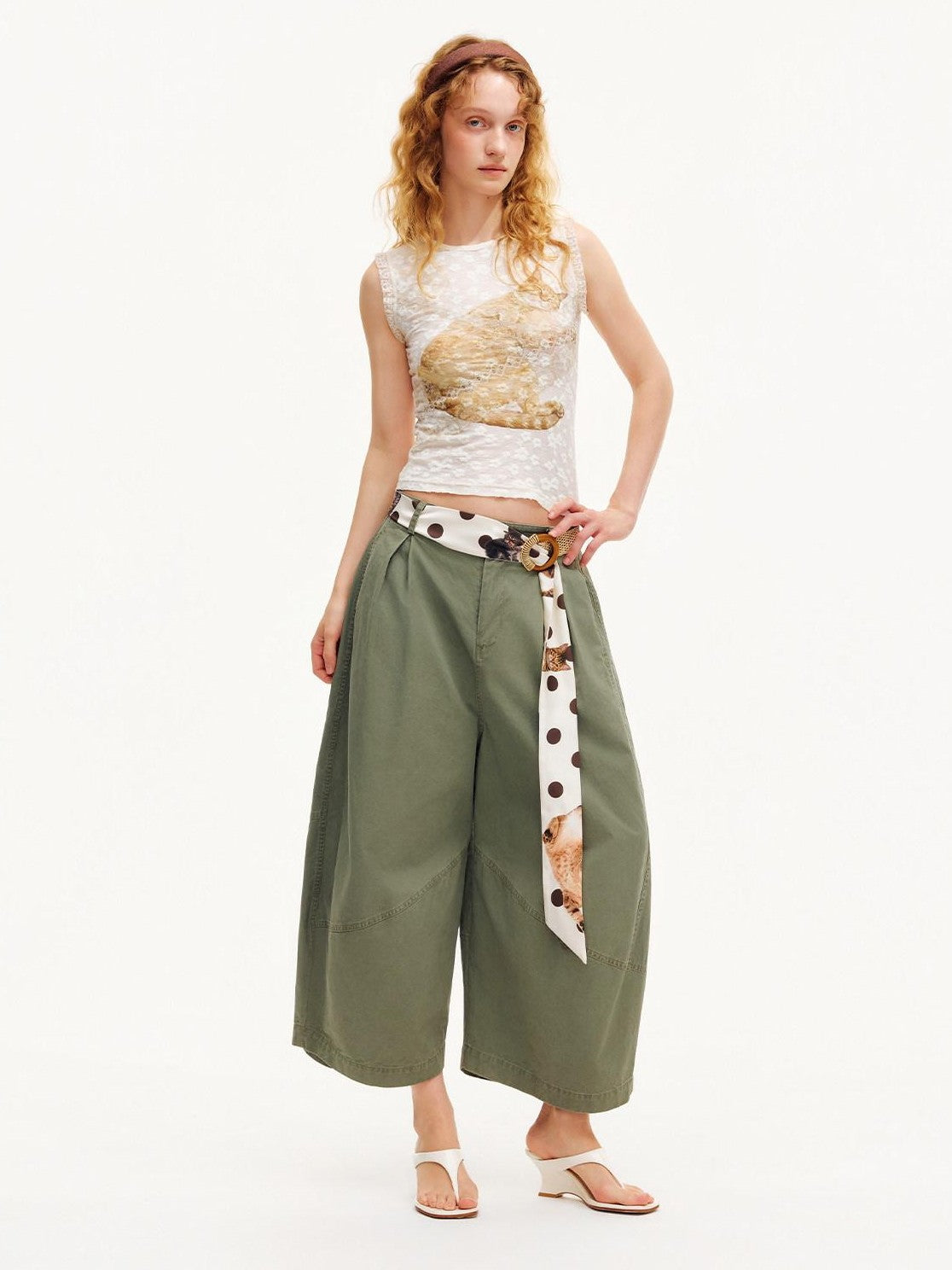 OuttheBlue Army Green Pleated Washed Cargo Octagonal Wide Women&