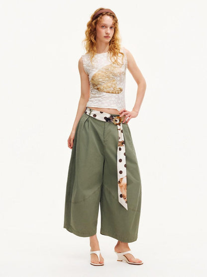 OuttheBlue Army Green Pleated Washed Cargo Octagonal Wide Women&