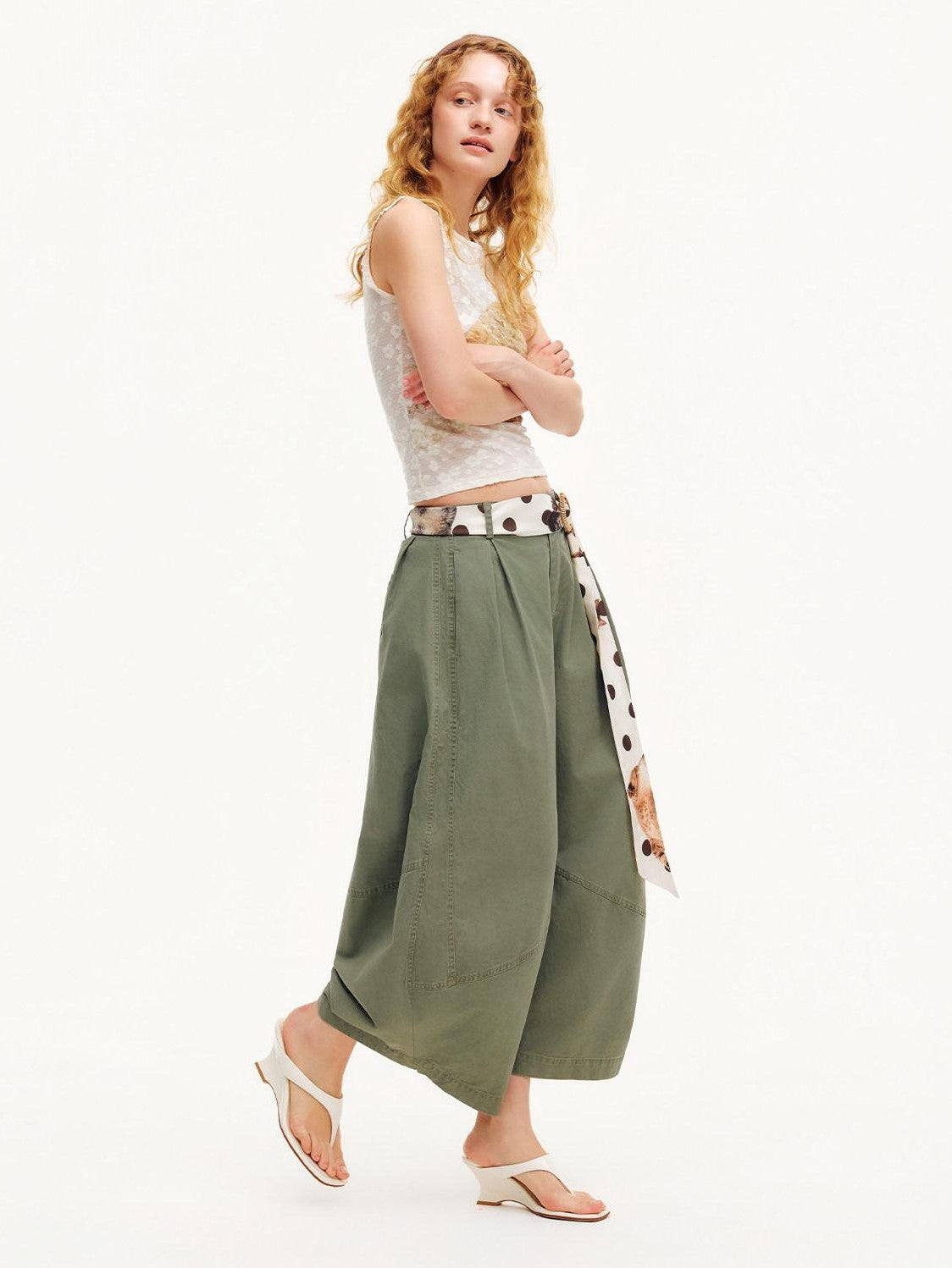 OuttheBlue Army Green Pleated Washed Cargo Octagonal Wide Women&