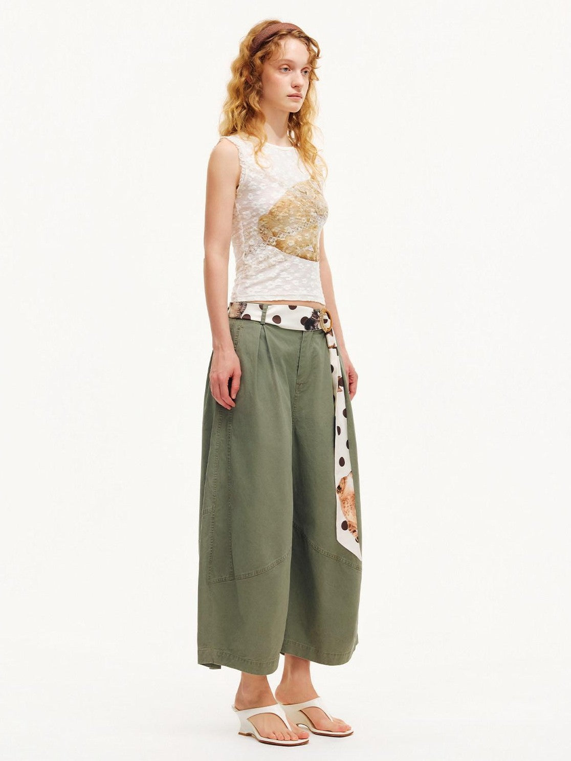OuttheBlue Army Green Pleated Washed Cargo Octagonal Wide Women&