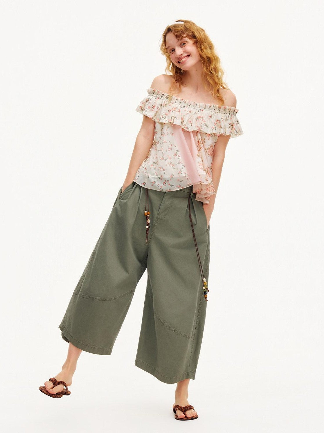 OuttheBlue Army Green Pleated Washed Cargo Octagonal Wide Women&
