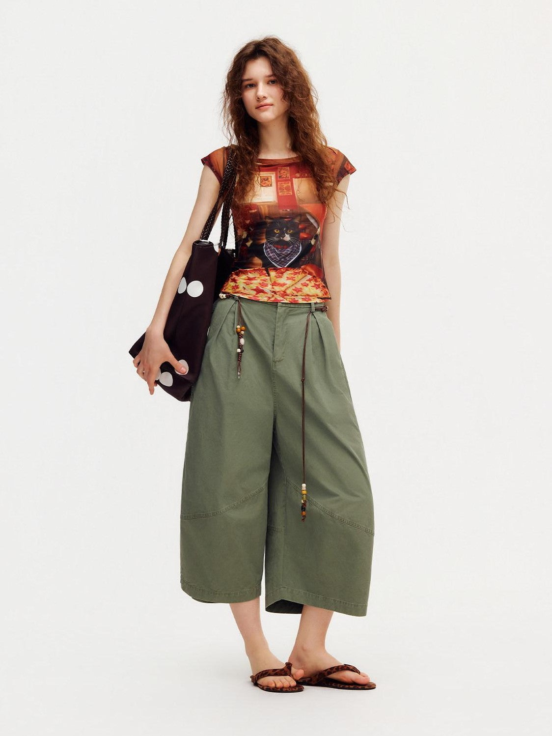 OuttheBlue Army Green Pleated Washed Cargo Octagonal Wide Women&