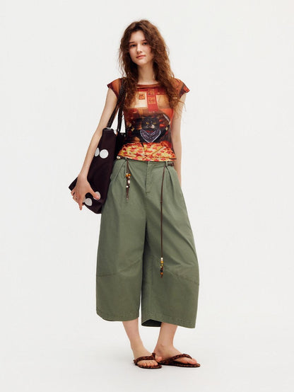 OuttheBlue Army Green Pleated Washed Cargo Octagonal Wide Women&