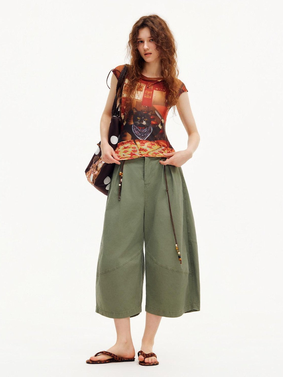 OuttheBlue Army Green Pleated Washed Cargo Octagonal Wide Women&