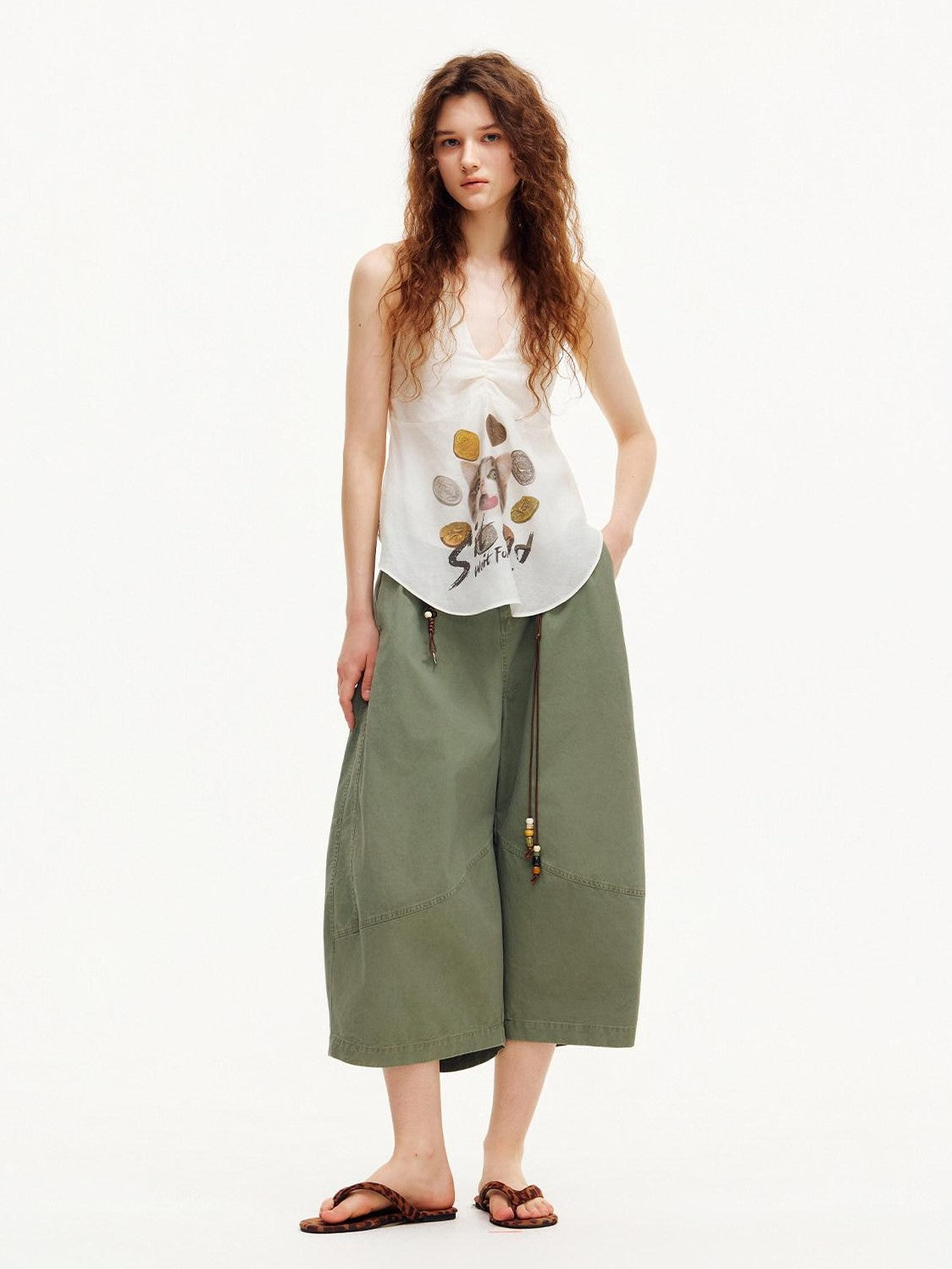 OuttheBlue Army Green Pleated Washed Cargo Octagonal Wide Women&