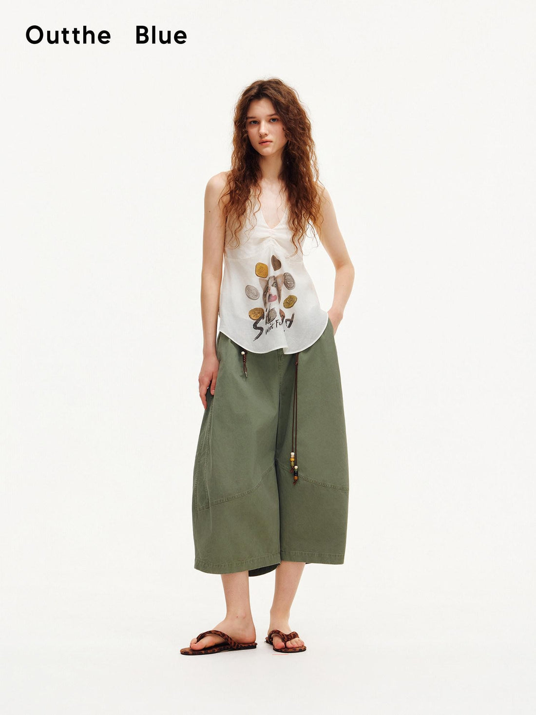 OuttheBlue Army Green Pleated Washed Cargo Octagonal Wide Women&