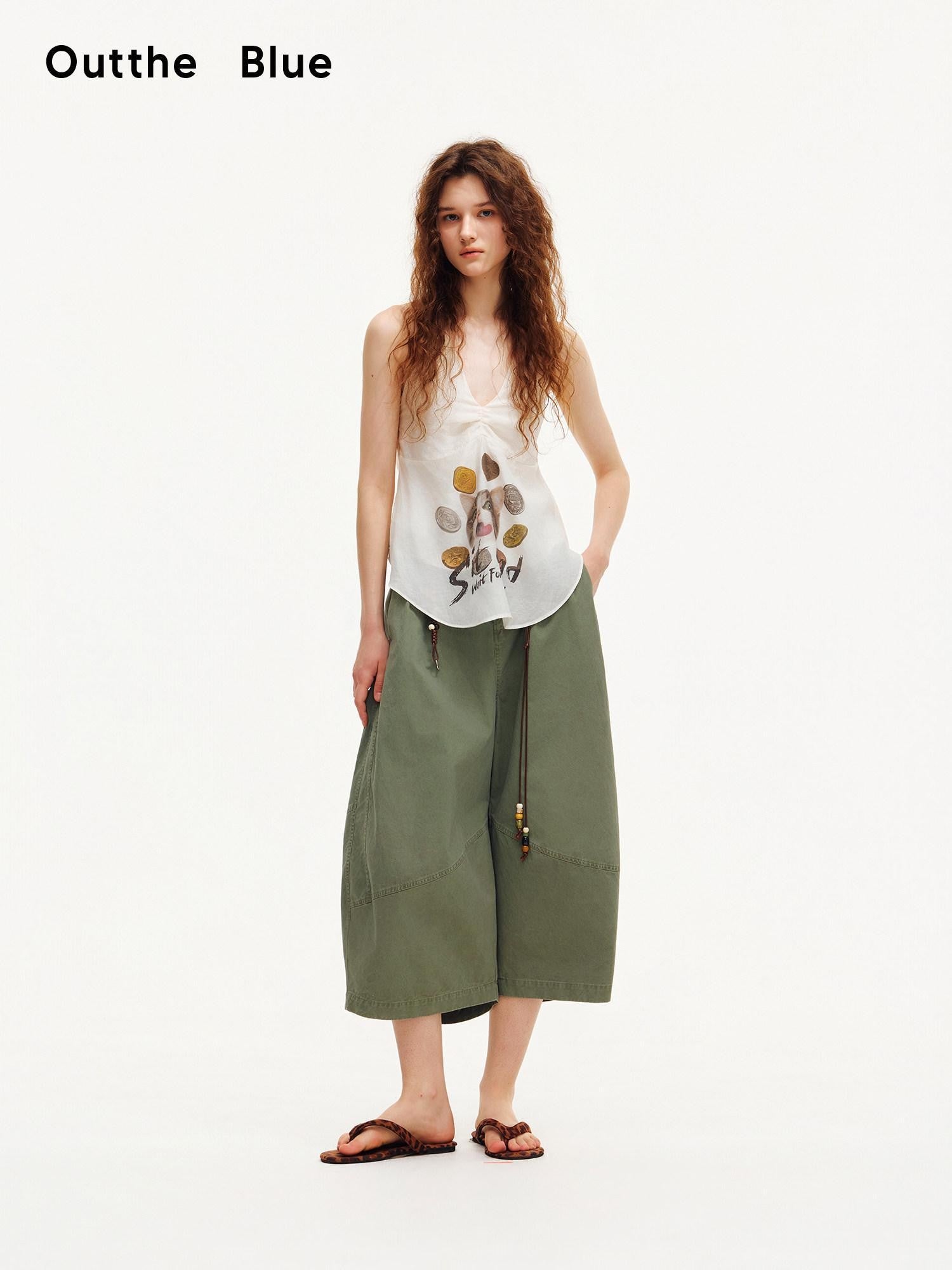 OuttheBlue Army Green Pleated Washed Cargo Octagonal Wide Women&