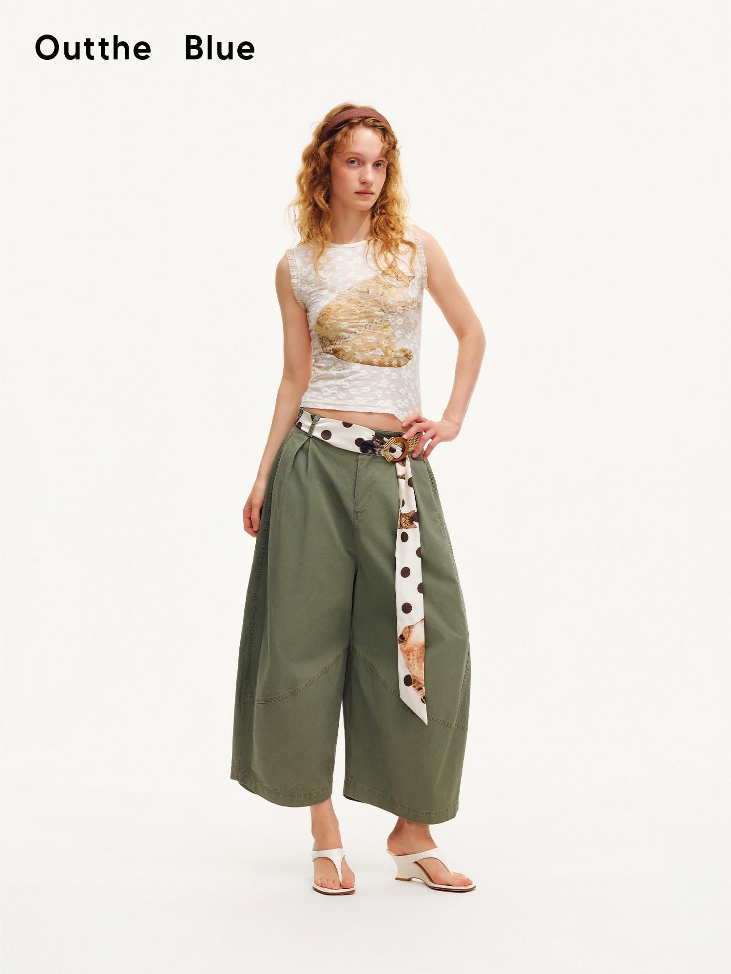 OuttheBlue Army Green Pleated Washed Cargo Octagonal Wide Women&