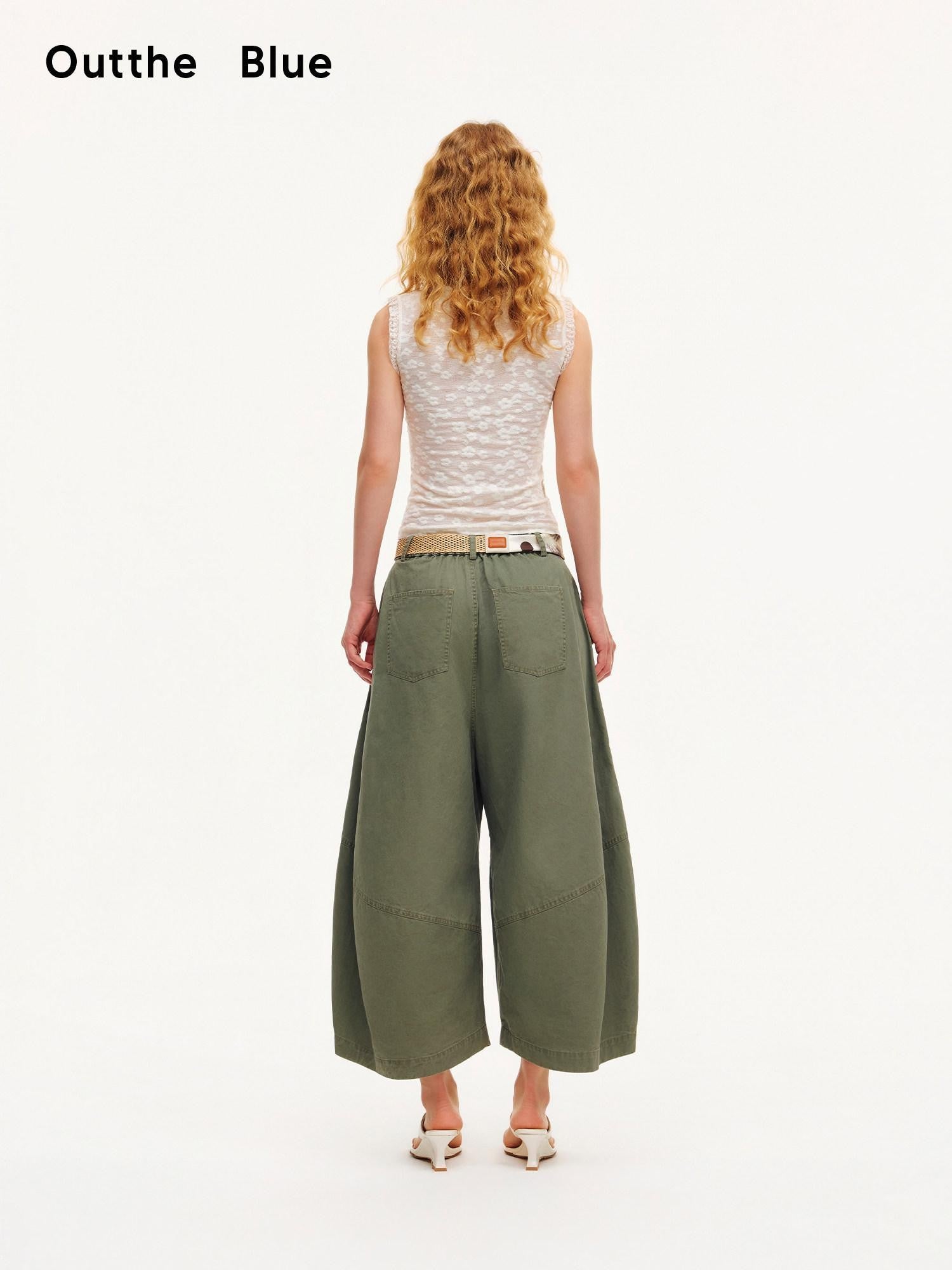 OuttheBlue Army Green Pleated Washed Cargo Octagonal Wide Women&