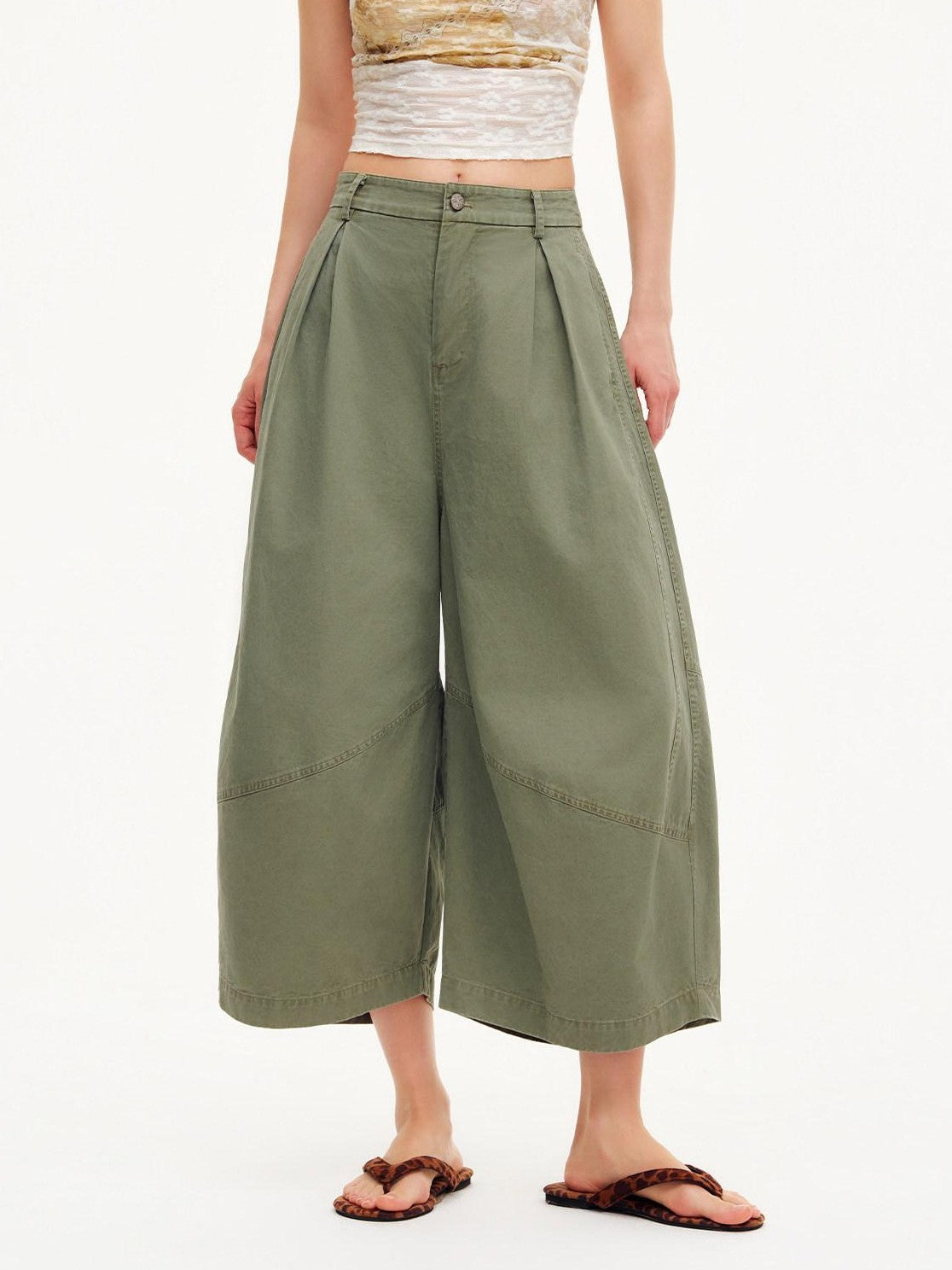 OuttheBlue Army Green Pleated Washed Cargo Octagonal Wide Women&