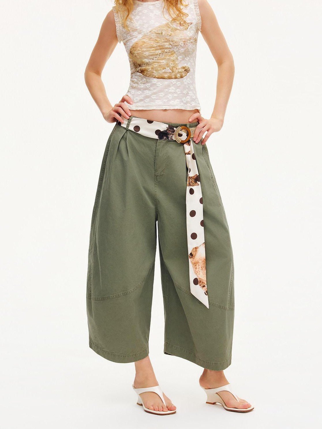 OuttheBlue Army Green Pleated Washed Cargo Octagonal Wide Women&
