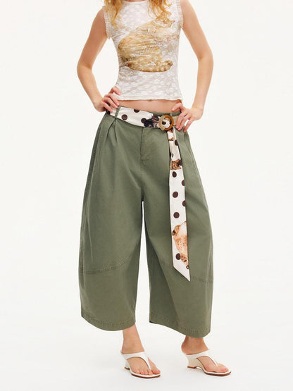 OuttheBlue Army Green Pleated Washed Cargo Octagonal Wide Women&