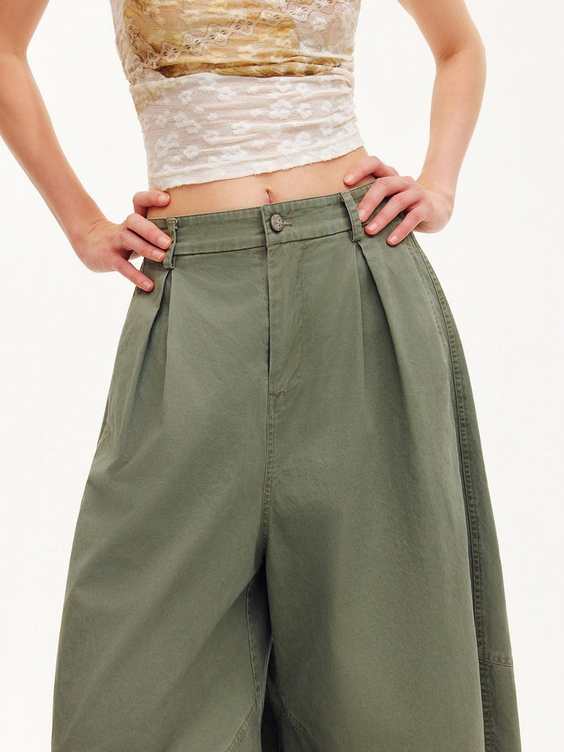 OuttheBlue Army Green Pleated Washed Cargo Octagonal Wide Women&