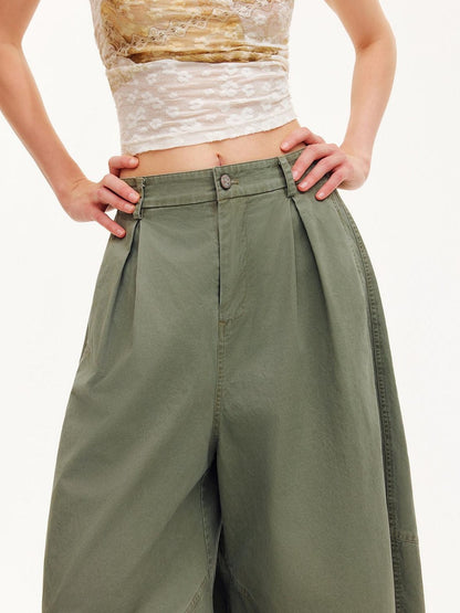 OuttheBlue Army Green Pleated Washed Cargo Octagonal Wide Women&