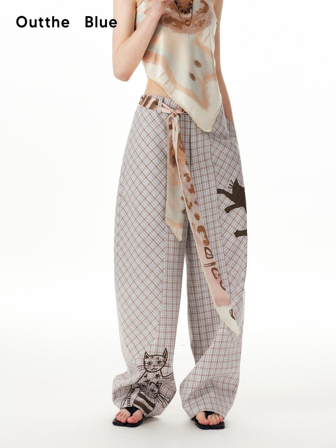 OuttheBlue Asymmetric Plaid Curved Leg Relaxed Pockets Button Fly Womens Polyester Pants