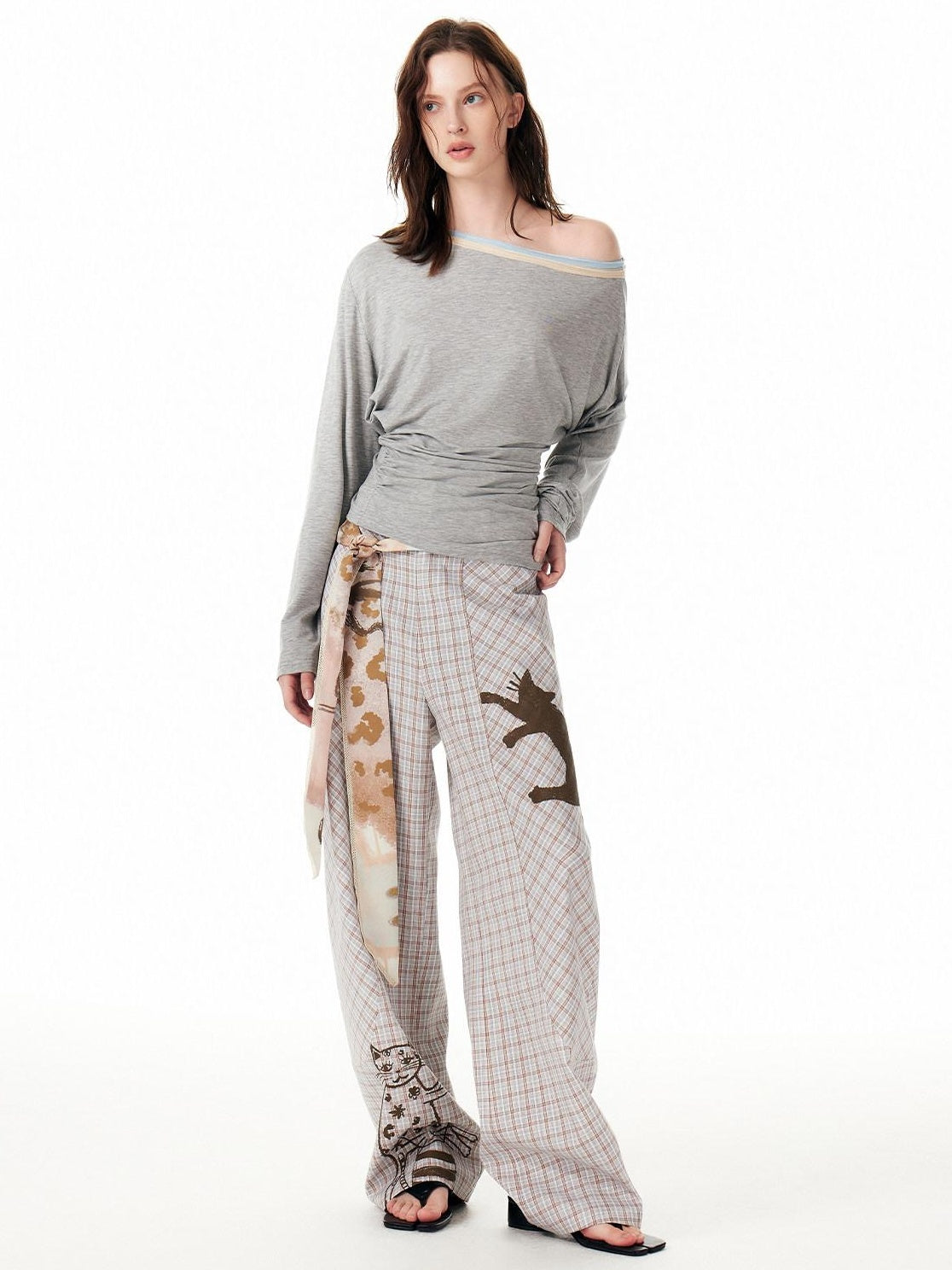 OuttheBlue Asymmetric Plaid Curved Leg Relaxed Pockets Button Fly Womens Polyester Pants
