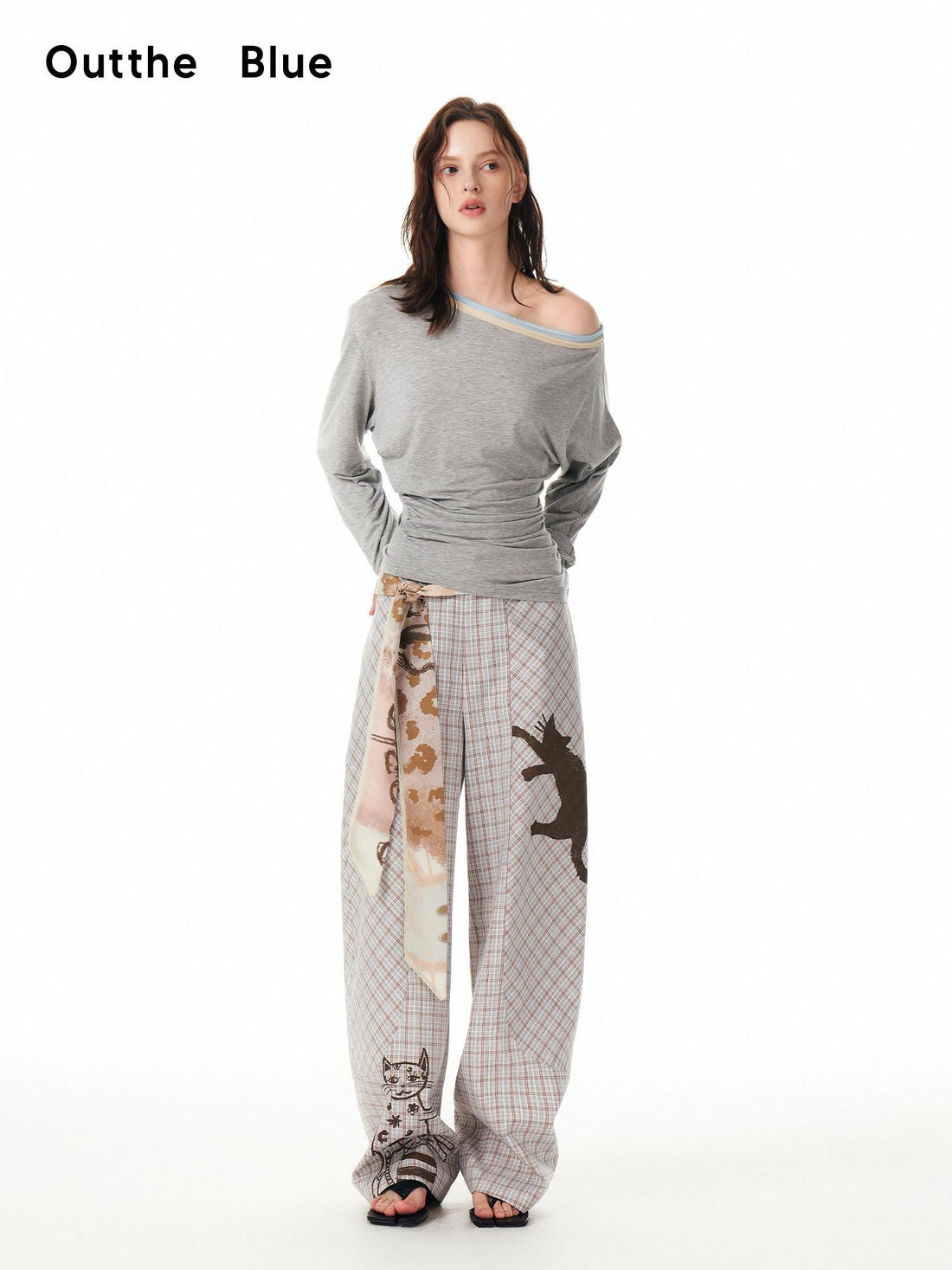 OuttheBlue Asymmetric Plaid Curved Leg Relaxed Pockets Button Fly Womens Polyester Pants