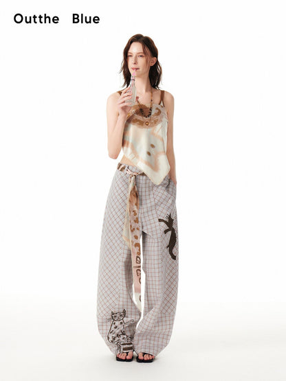 OuttheBlue Asymmetric Plaid Curved Leg Relaxed Pockets Button Fly Womens Polyester Pants