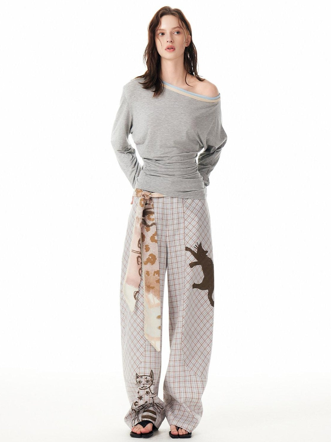 OuttheBlue Asymmetric Plaid Curved Leg Relaxed Pockets Button Fly Womens Polyester Pants