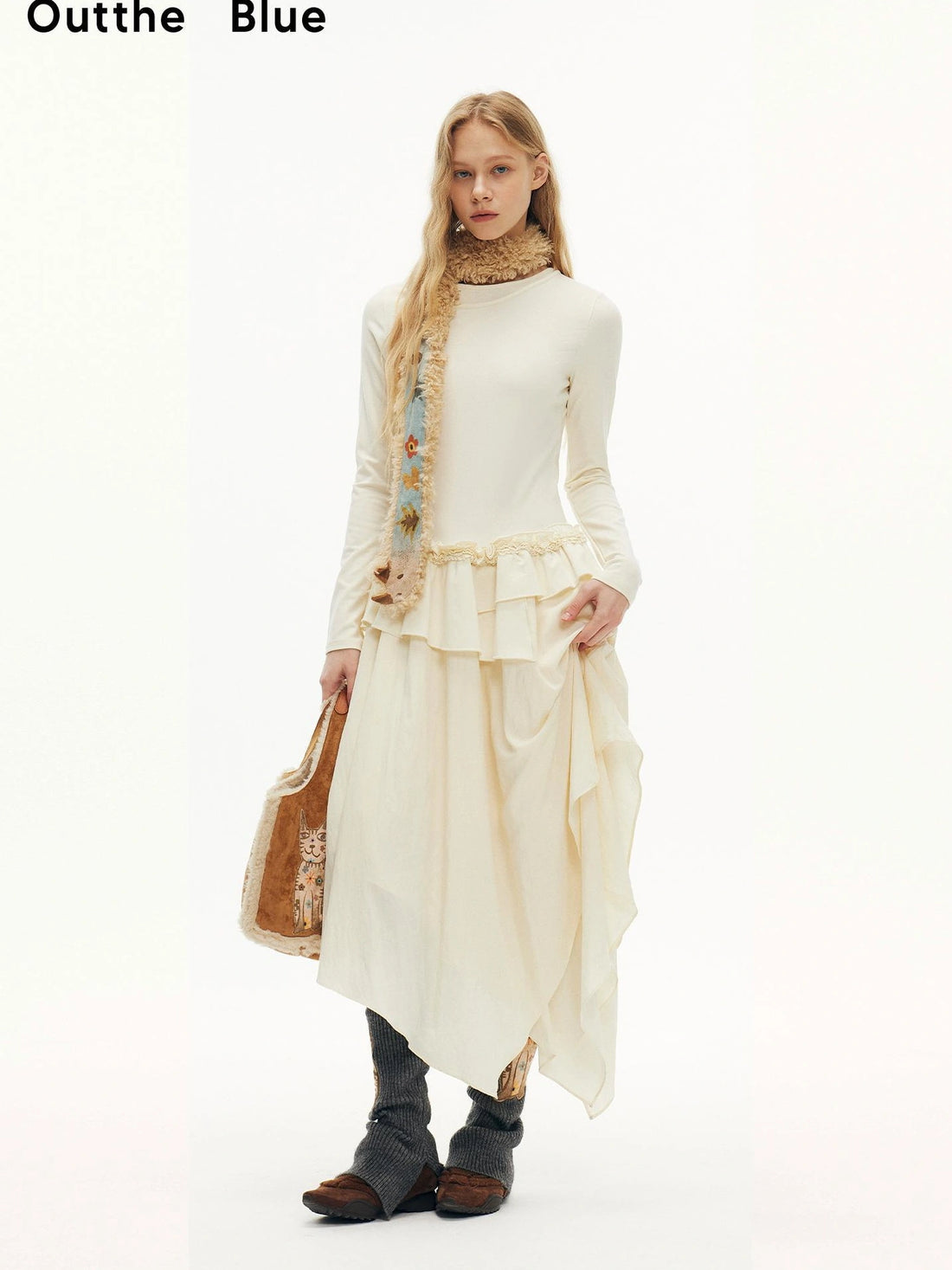 OuttheBlue Asymmetrical Floral Lace Winter Dress V-neck T-shirt Long Sleeve