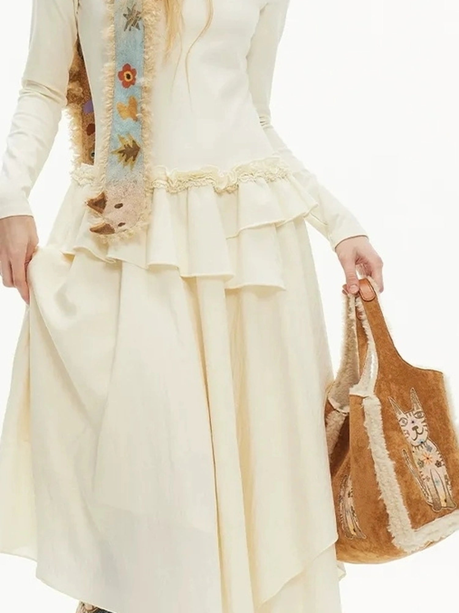 OuttheBlue Asymmetrical Floral Lace Winter Dress V-neck T-shirt Long Sleeve