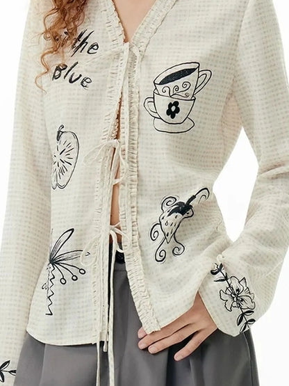 OuttheBlue Autumn Plaid Print Cat Teatime V-neck T-shirt Long Sleeve